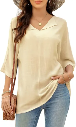 100% Cotton Natural Linen Shirts for Women 2023 Short Sleeve Loose Fit Casual Summer Tops