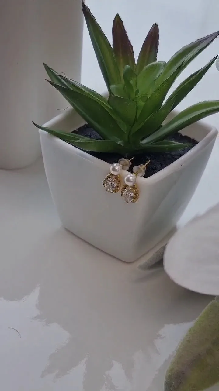14k Gold Plated Pearl Stud Earrings with Shiny Zircon – Elegant Sterling Silver Water Drop Earrings for Women