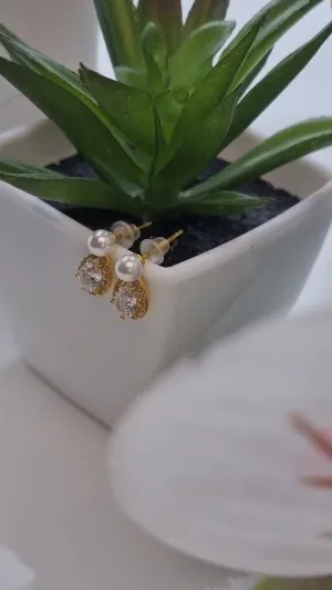 14k Gold Plated Pearl Stud Earrings with Shiny Zircon – Elegant Sterling Silver Water Drop Earrings for Women