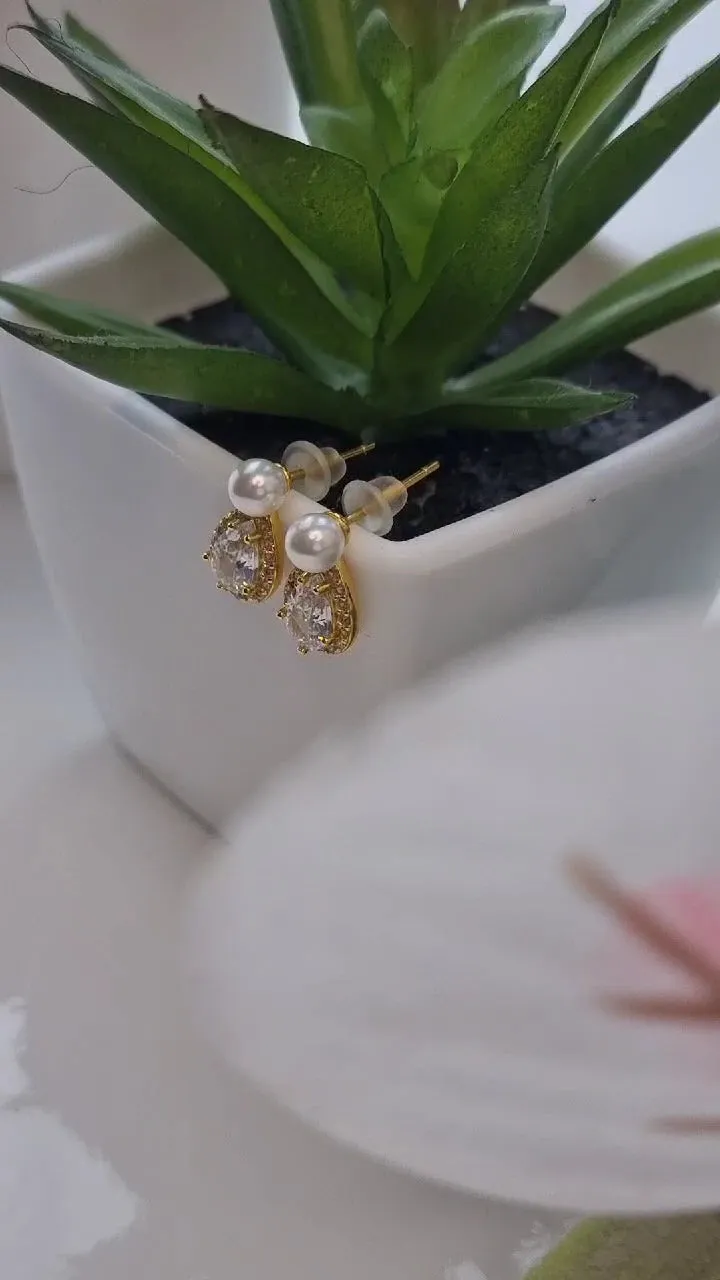 14k Gold Plated Pearl Stud Earrings with Shiny Zircon – Elegant Sterling Silver Water Drop Earrings for Women