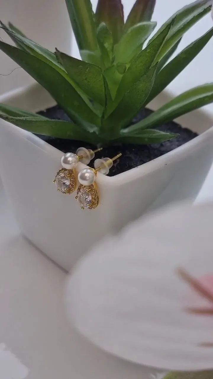 14k Gold Plated Pearl Stud Earrings with Shiny Zircon – Elegant Sterling Silver Water Drop Earrings for Women