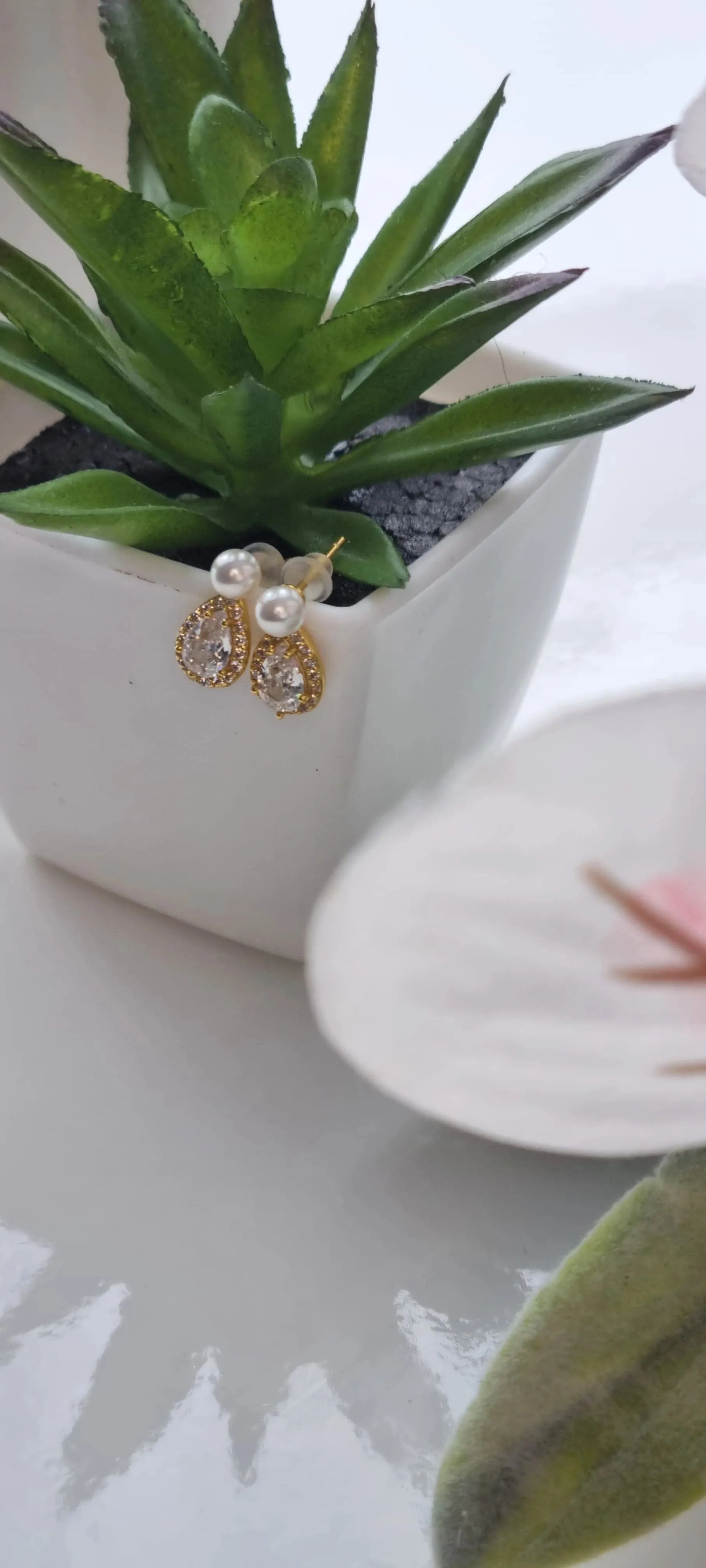 14k Gold Plated Pearl Stud Earrings with Shiny Zircon – Elegant Sterling Silver Water Drop Earrings for Women