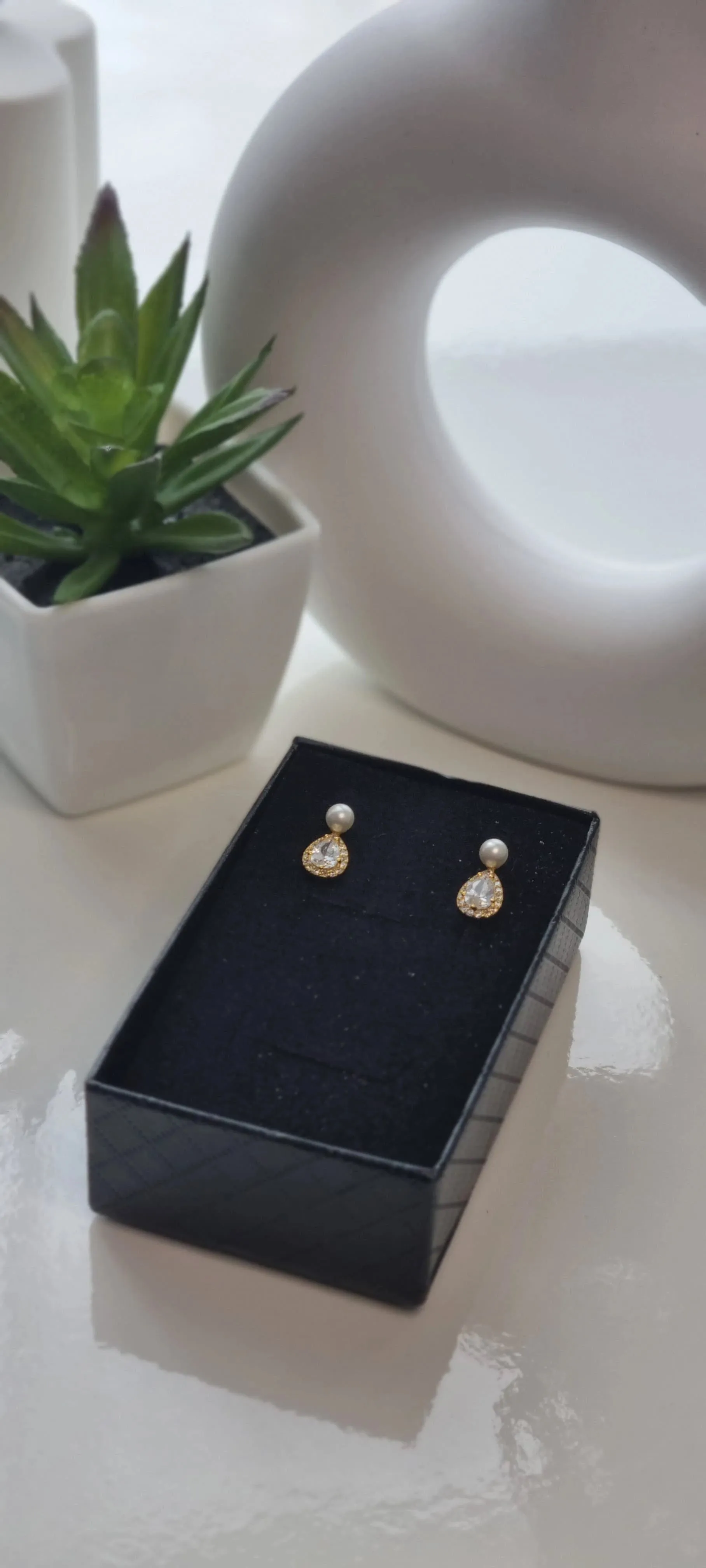 14k Gold Plated Pearl Stud Earrings with Shiny Zircon – Elegant Sterling Silver Water Drop Earrings for Women