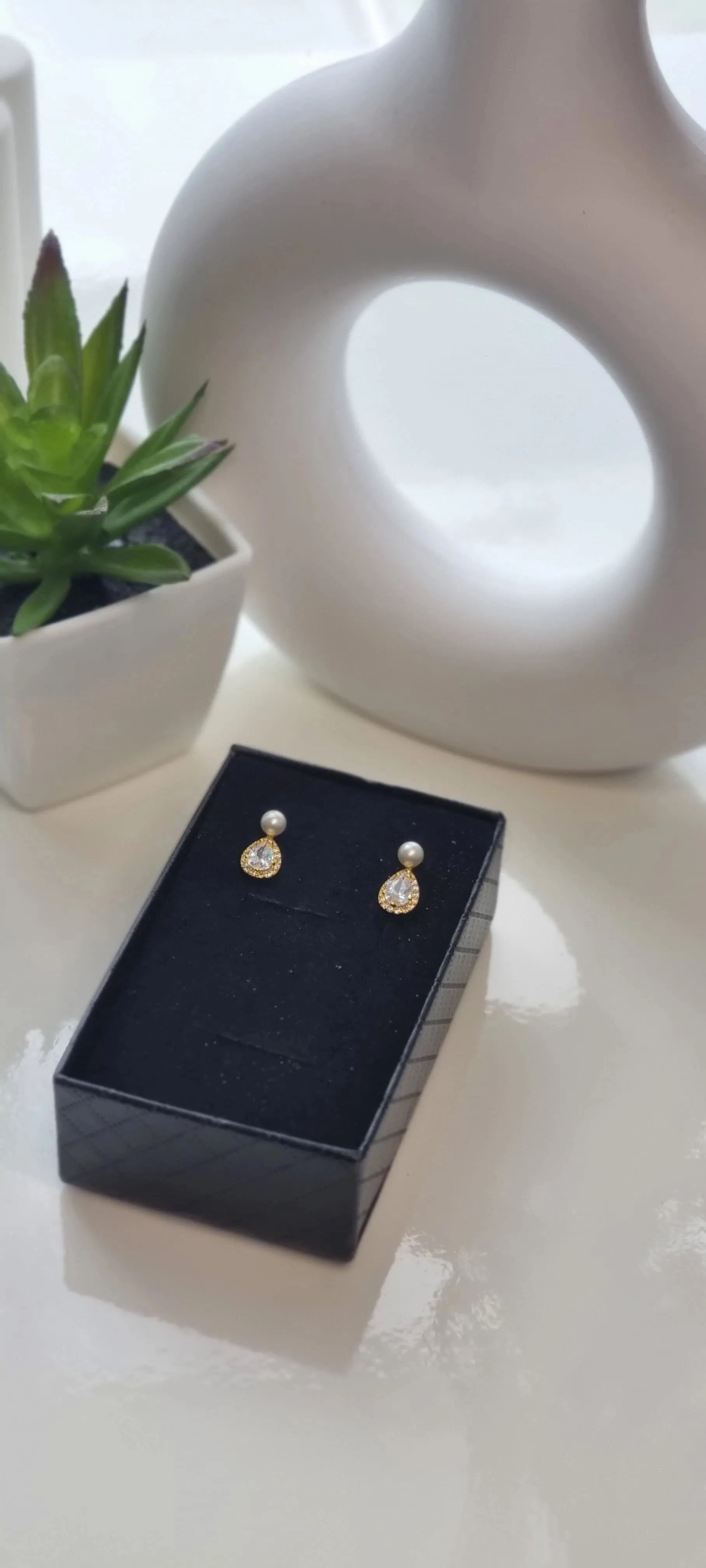 14k Gold Plated Pearl Stud Earrings with Shiny Zircon – Elegant Sterling Silver Water Drop Earrings for Women