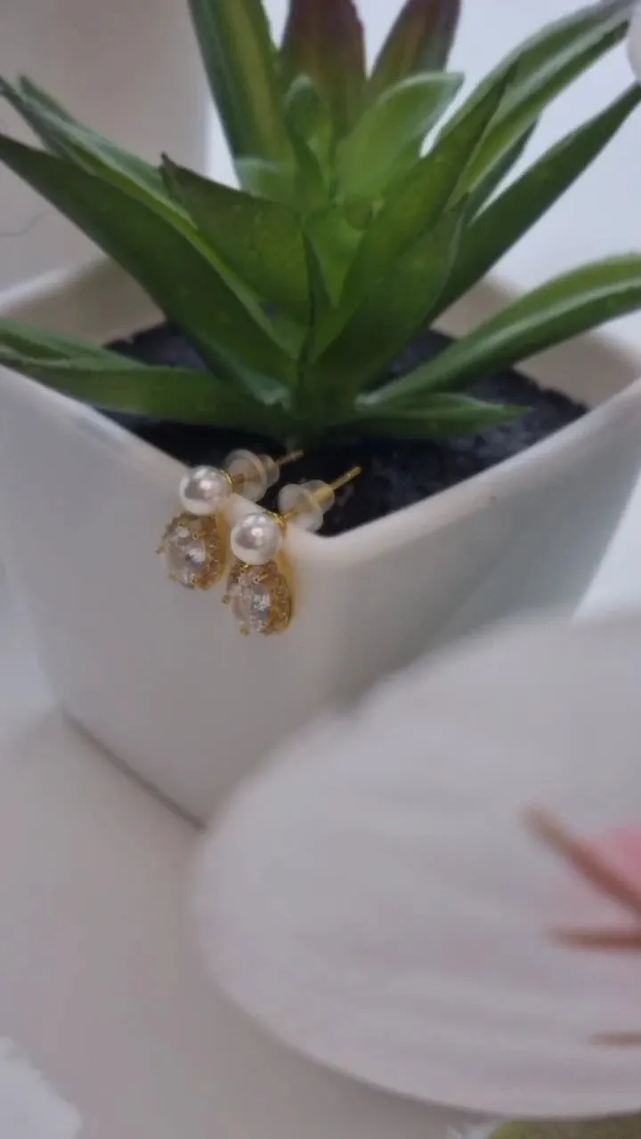 14k Gold Plated Pearl Stud Earrings with Shiny Zircon – Elegant Sterling Silver Water Drop Earrings for Women