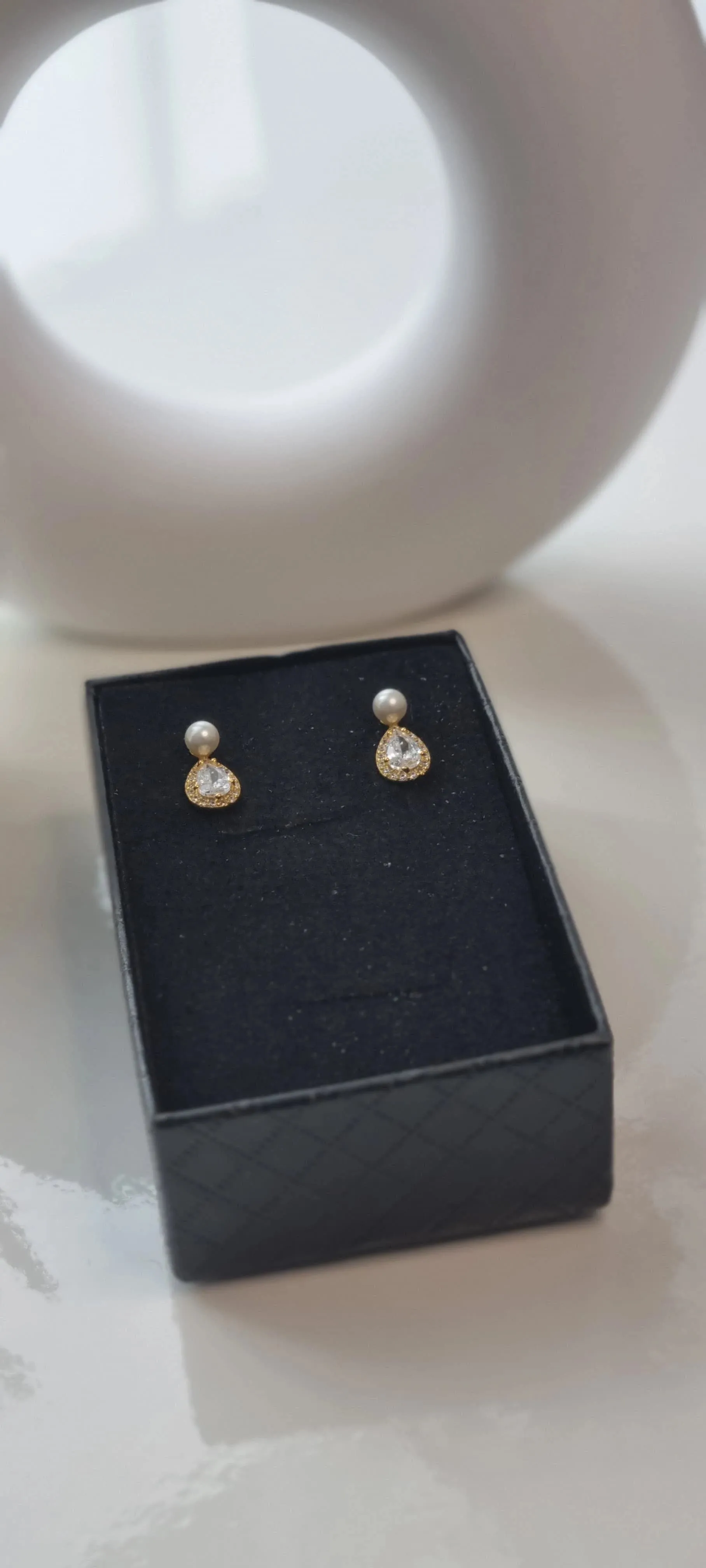 14k Gold Plated Pearl Stud Earrings with Shiny Zircon – Elegant Sterling Silver Water Drop Earrings for Women