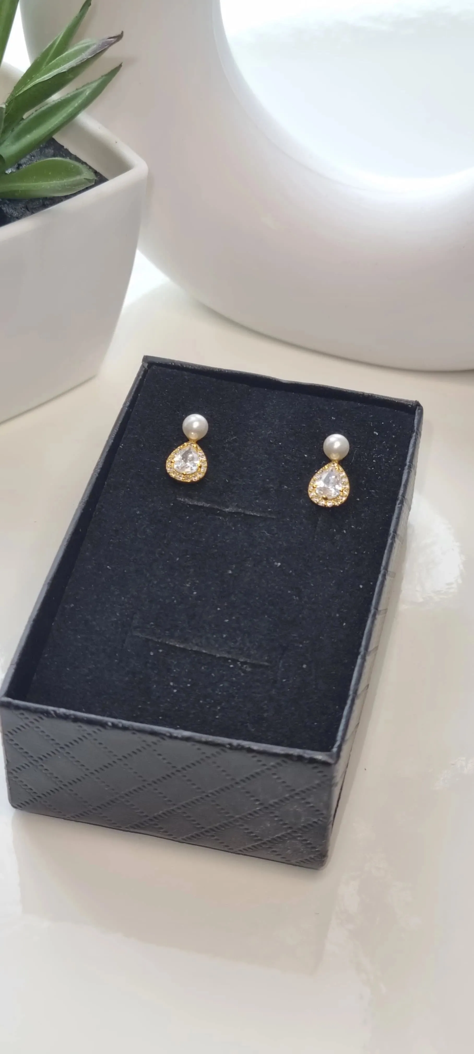 14k Gold Plated Pearl Stud Earrings with Shiny Zircon – Elegant Sterling Silver Water Drop Earrings for Women