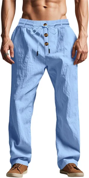 2025 Men's Casual Beach Pants Button Loose Fit Breathable Linen Pants