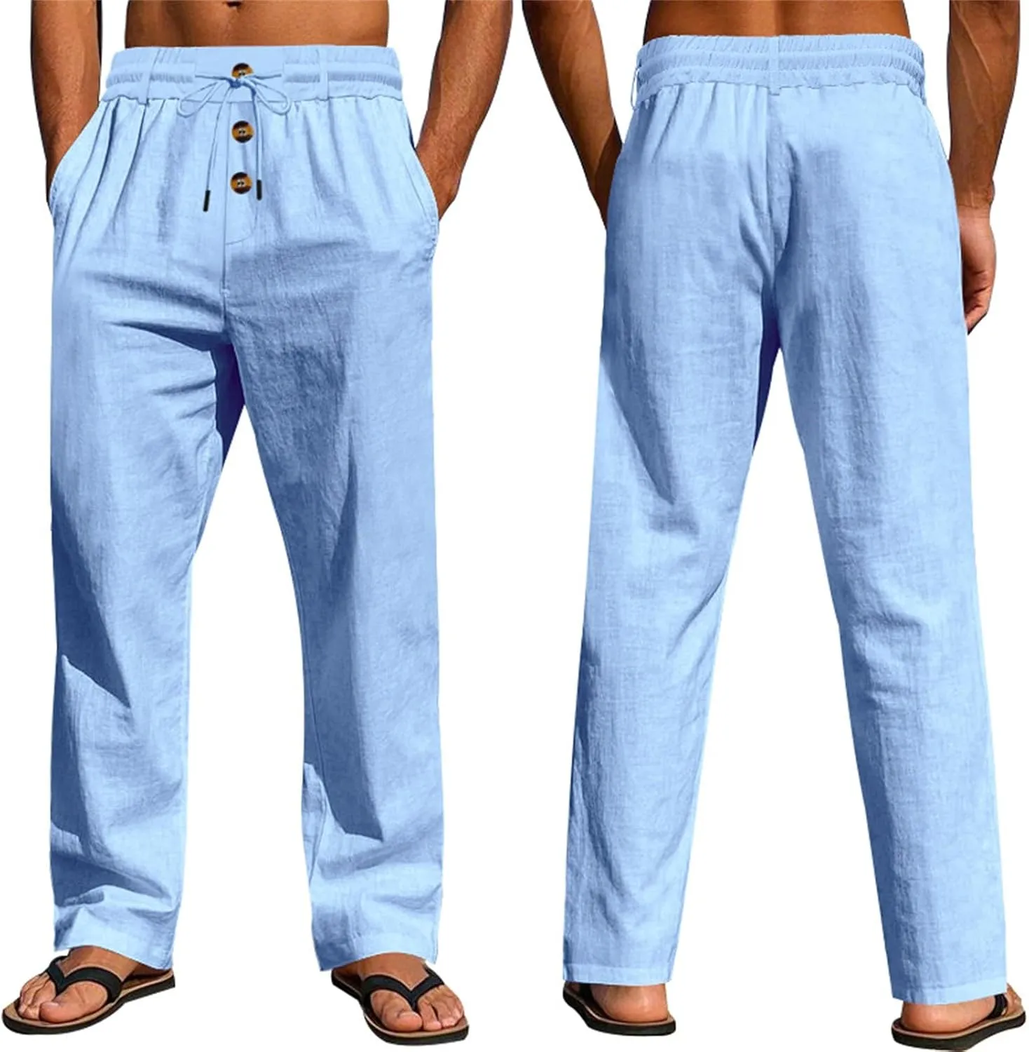 2025 Men's Casual Beach Pants Button Loose Fit Breathable Linen Pants