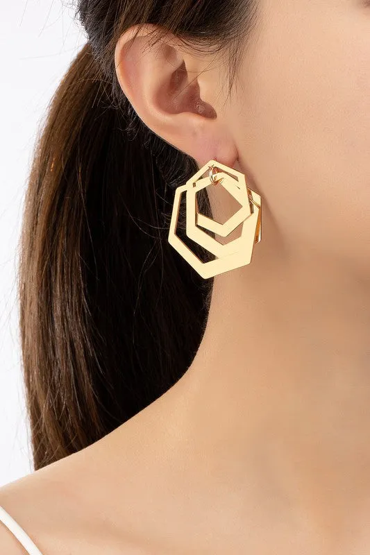 3 Tiered Hexagon Hoop Drop Earrings
