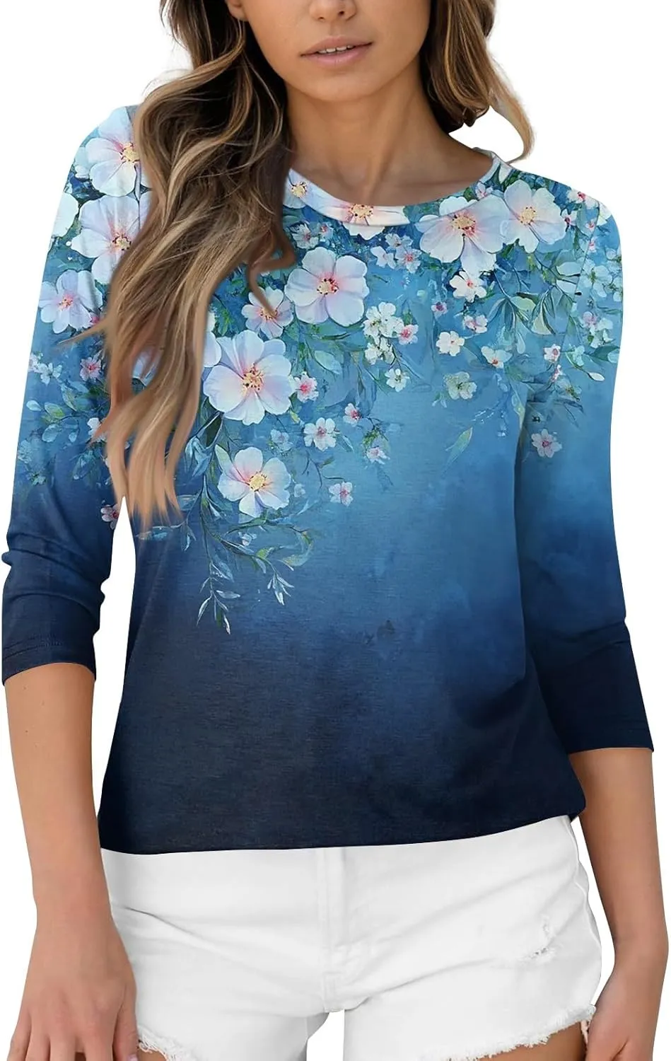 3/4 Length Sleeve Womens Tops Dressy Casual Round Neck T-Shirts Trendy Basic Tees Blouses Business Work Tee Top