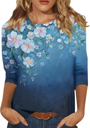 3/4 Length Sleeve Womens Tops Dressy Casual Round Neck T-Shirts Trendy Basic Tees Blouses Business Work Tee Top