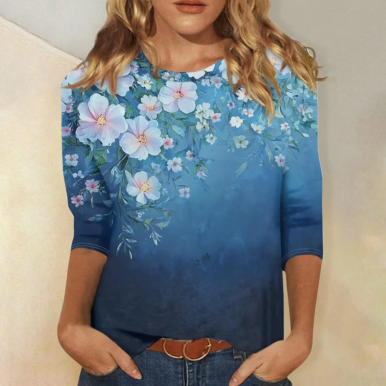 3/4 Length Sleeve Womens Tops Dressy Casual Round Neck T-Shirts Trendy Basic Tees Blouses Business Work Tee Top