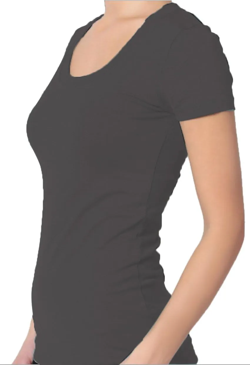 Active Basic Womens Plain Basic Deep Scoop Neck with Cap Short Sleeves