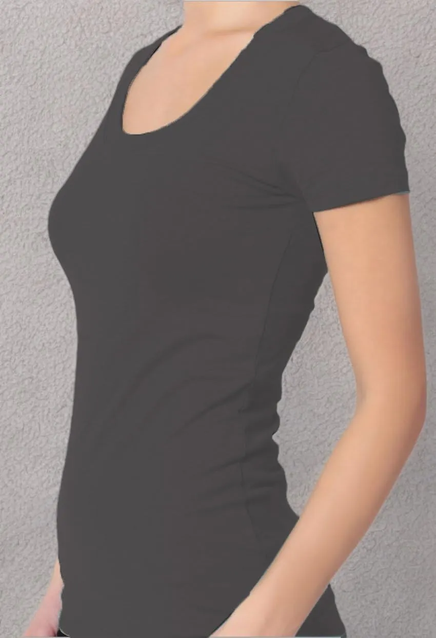 Active Basic Womens Plain Basic Deep Scoop Neck with Cap Short Sleeves