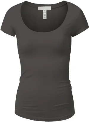 Active Basic Womens Plain Basic Deep Scoop Neck with Cap Short Sleeves