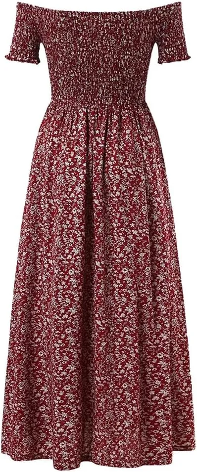 Adhdyuud Women Summer Boho Slash Neck Beach Floral Dress Casual Long Short Sleeves Mini Sundress Skirt