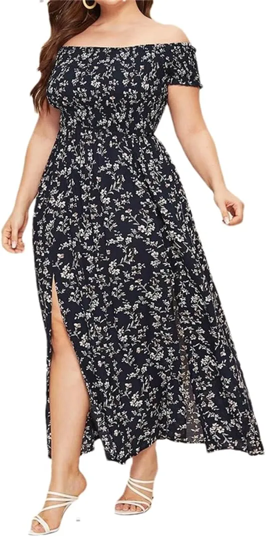 Adhdyuud Women Summer Boho Slash Neck Beach Floral Dress Casual Long Short Sleeves Mini Sundress Skirt