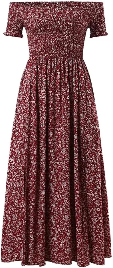 Adhdyuud Women Summer Boho Slash Neck Beach Floral Dress Casual Long Short Sleeves Mini Sundress Skirt