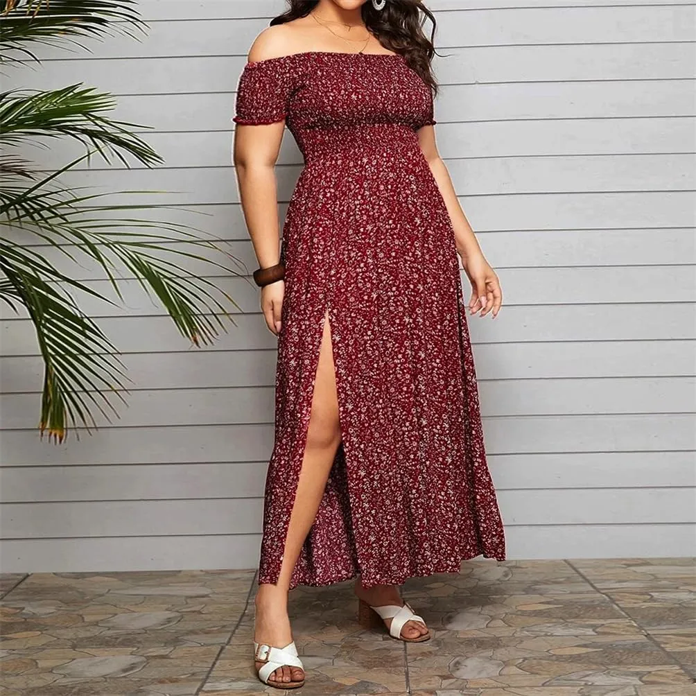 Adhdyuud Women Summer Boho Slash Neck Beach Floral Dress Casual Long Short Sleeves Mini Sundress Skirt
