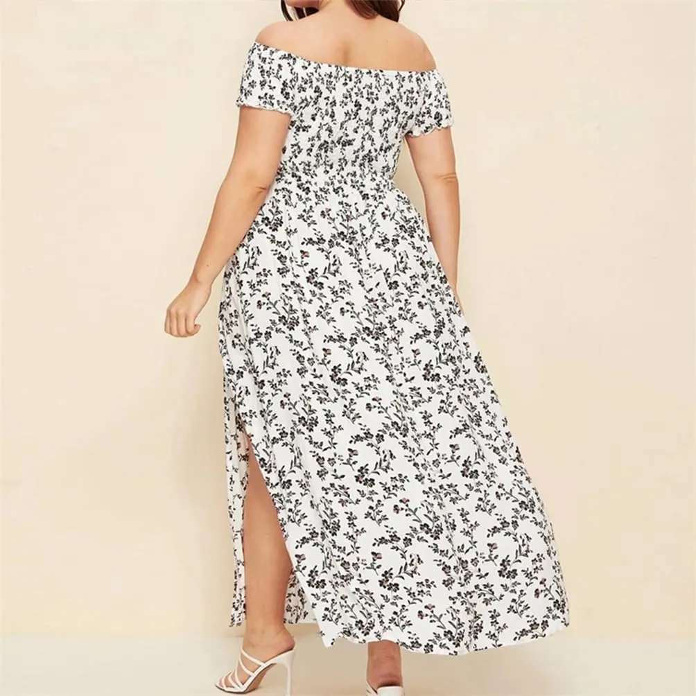 Adhdyuud Women Summer Boho Slash Neck Beach Floral Dress Casual Long Short Sleeves Mini Sundress Skirt