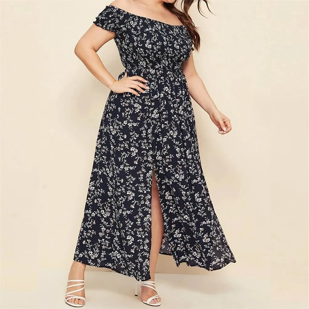 Adhdyuud Women Summer Boho Slash Neck Beach Floral Dress Casual Long Short Sleeves Mini Sundress Skirt