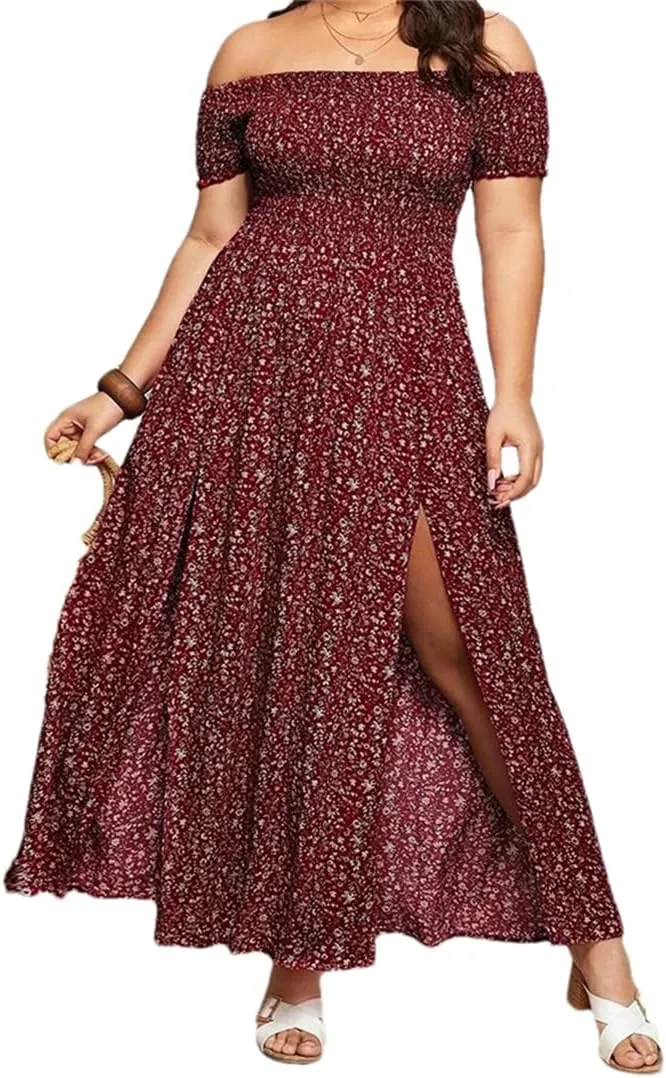 Adhdyuud Women Summer Boho Slash Neck Beach Floral Dress Casual Long Short Sleeves Mini Sundress Skirt