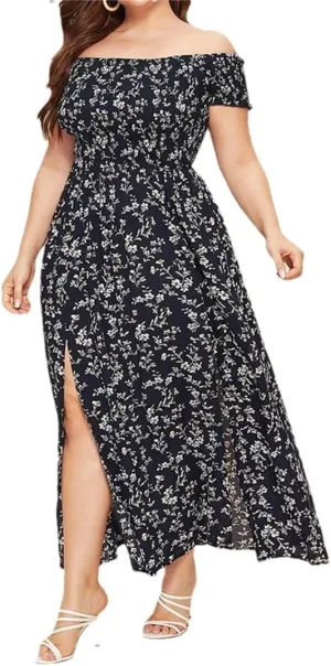 Adhdyuud Women Summer Boho Slash Neck Beach Floral Dress Casual Long Short Sleeves Mini Sundress Skirt