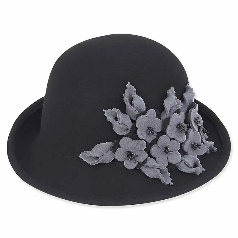 Adora® Wool Hat - Wool Felt Cloche with Two Tone Floral Trim