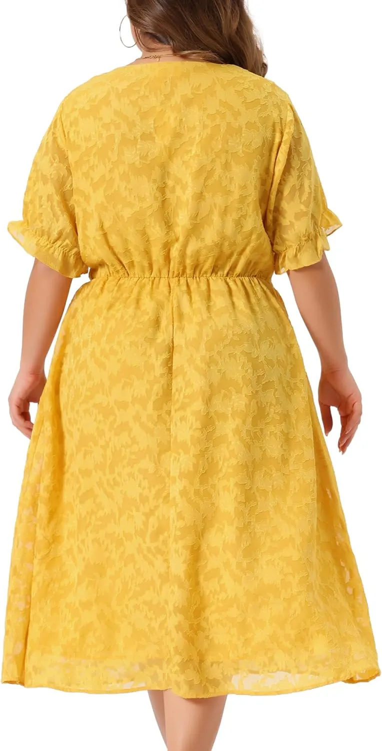 Agnes Orinda Plus Size Dress for Women Casual V Neck Bubble Short Sleeve Semi Sheer Swing Flowy Summer Dresses