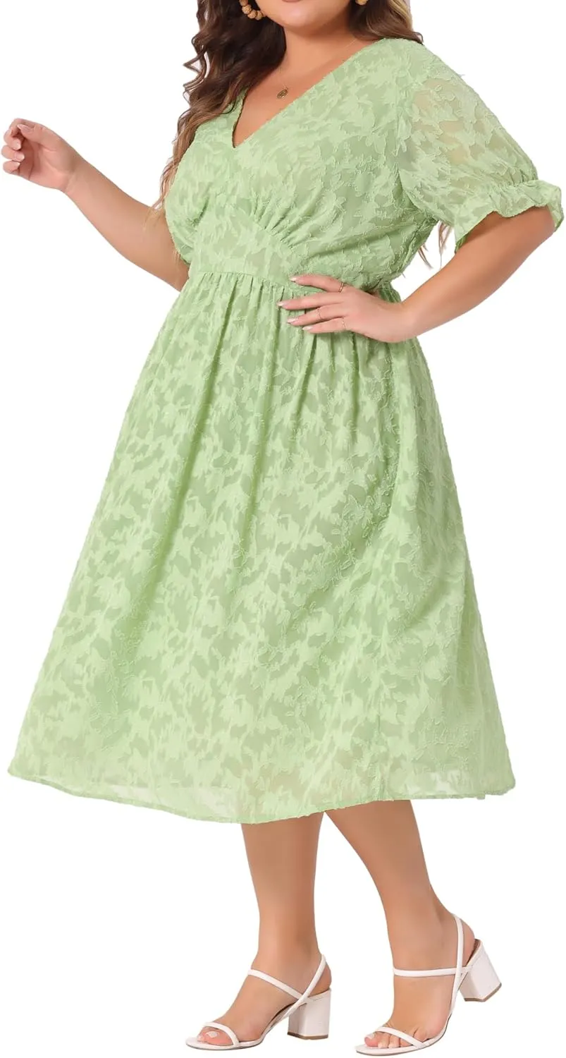 Agnes Orinda Plus Size Dress for Women Casual V Neck Bubble Short Sleeve Semi Sheer Swing Flowy Summer Dresses