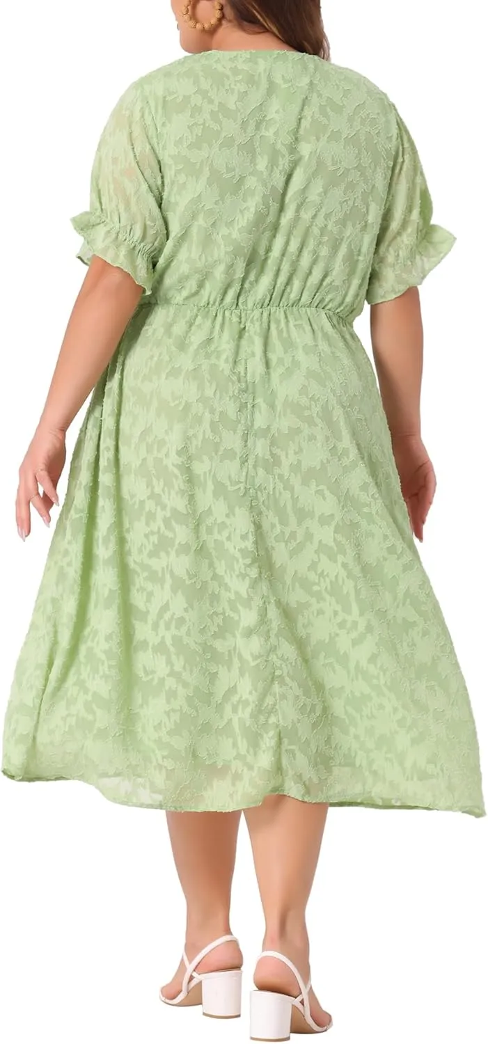 Agnes Orinda Plus Size Dress for Women Casual V Neck Bubble Short Sleeve Semi Sheer Swing Flowy Summer Dresses