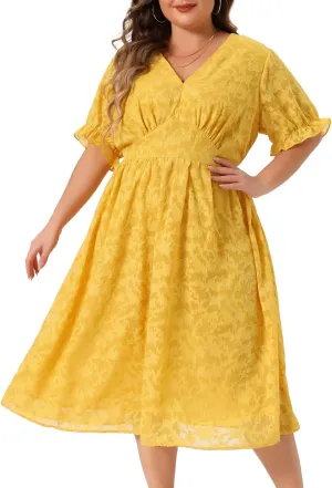 Agnes Orinda Plus Size Dress for Women Casual V Neck Bubble Short Sleeve Semi Sheer Swing Flowy Summer Dresses