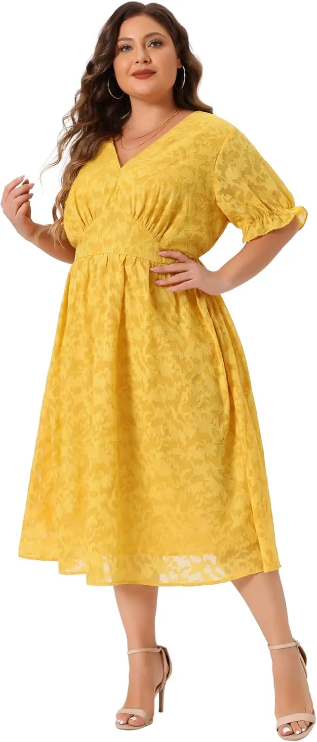 Agnes Orinda Plus Size Dress for Women Casual V Neck Bubble Short Sleeve Semi Sheer Swing Flowy Summer Dresses