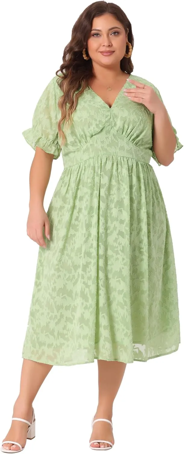Agnes Orinda Plus Size Dress for Women Casual V Neck Bubble Short Sleeve Semi Sheer Swing Flowy Summer Dresses