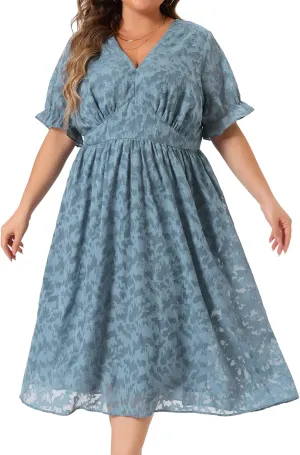 Agnes Orinda Plus Size Dress for Women Casual V Neck Bubble Short Sleeve Semi Sheer Swing Flowy Summer Dresses