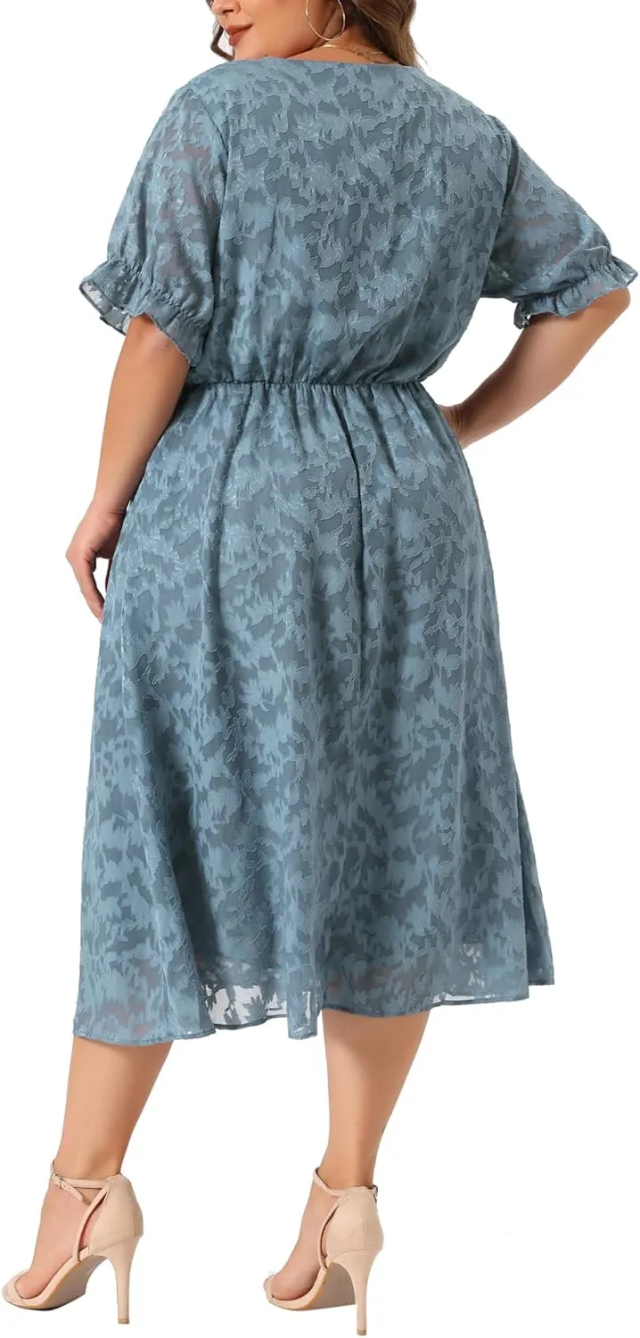 Agnes Orinda Plus Size Dress for Women Casual V Neck Bubble Short Sleeve Semi Sheer Swing Flowy Summer Dresses