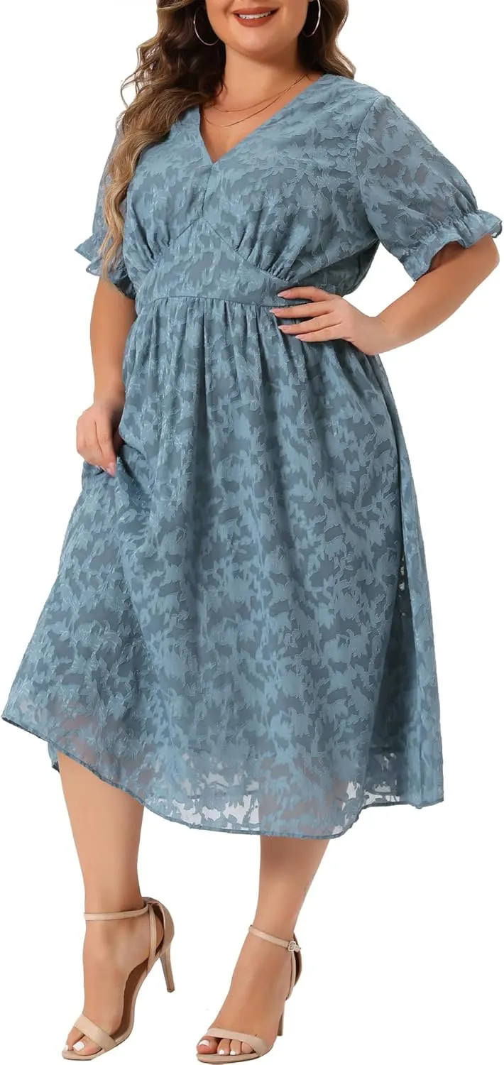 Agnes Orinda Plus Size Dress for Women Casual V Neck Bubble Short Sleeve Semi Sheer Swing Flowy Summer Dresses