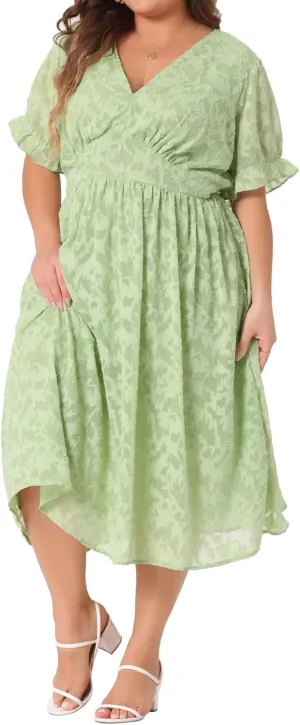 Agnes Orinda Plus Size Dress for Women Casual V Neck Bubble Short Sleeve Semi Sheer Swing Flowy Summer Dresses
