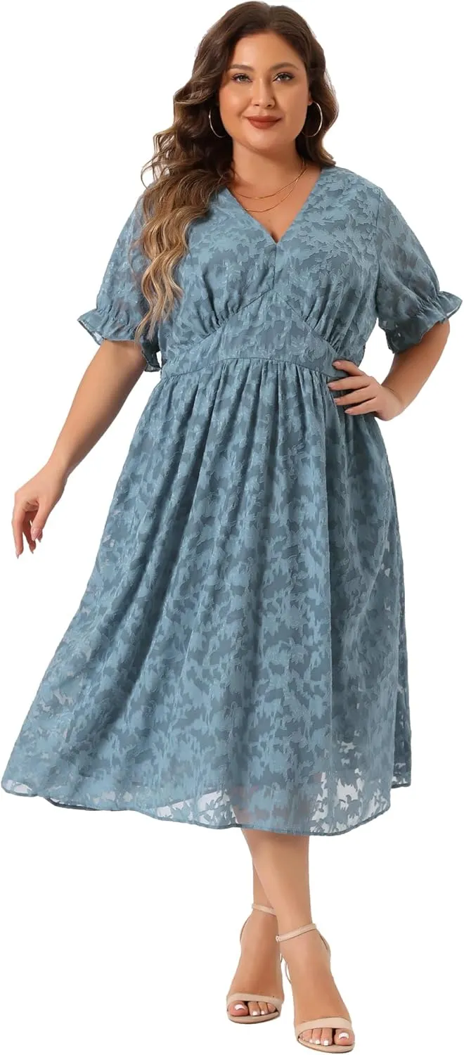 Agnes Orinda Plus Size Dress for Women Casual V Neck Bubble Short Sleeve Semi Sheer Swing Flowy Summer Dresses