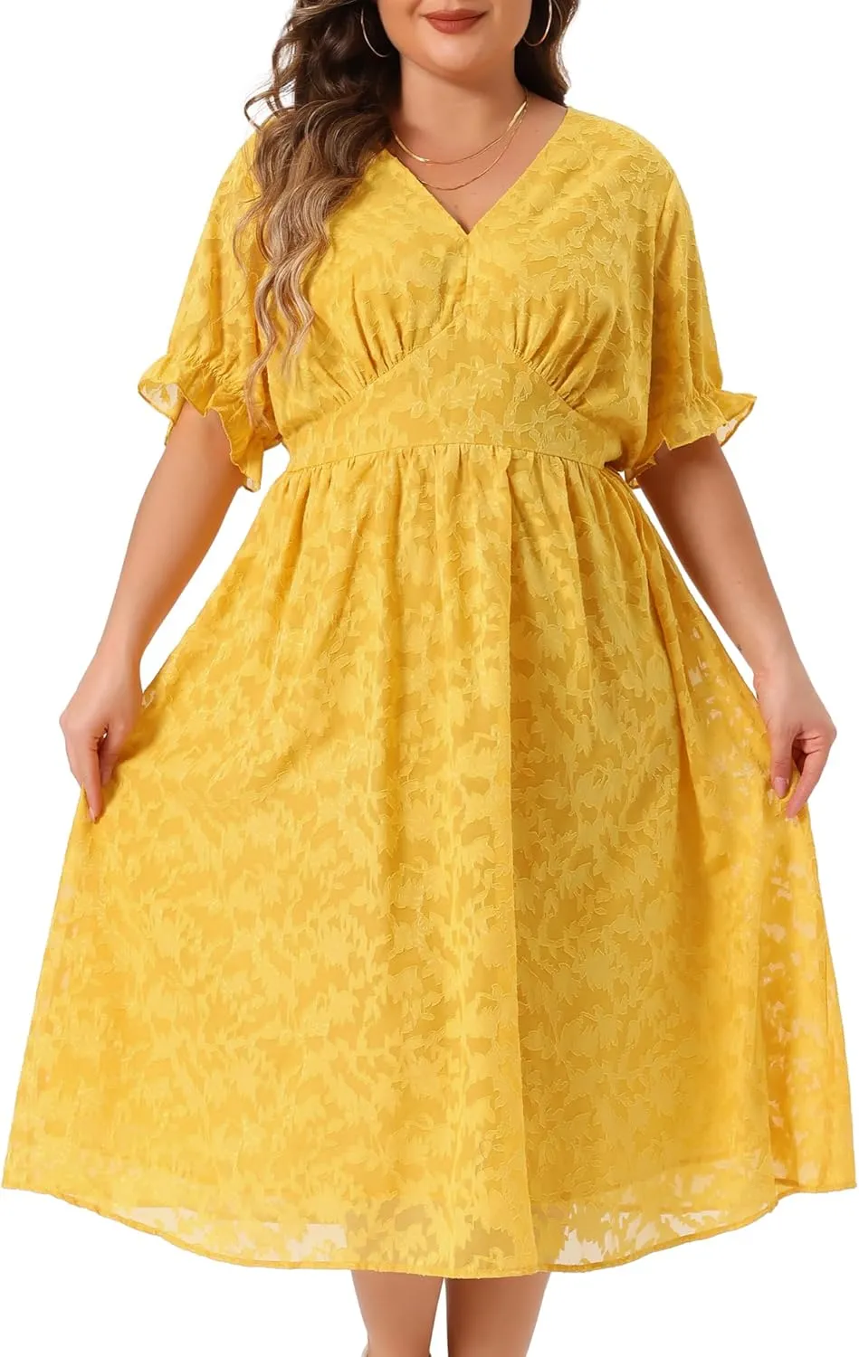 Agnes Orinda Plus Size Dress for Women Casual V Neck Bubble Short Sleeve Semi Sheer Swing Flowy Summer Dresses