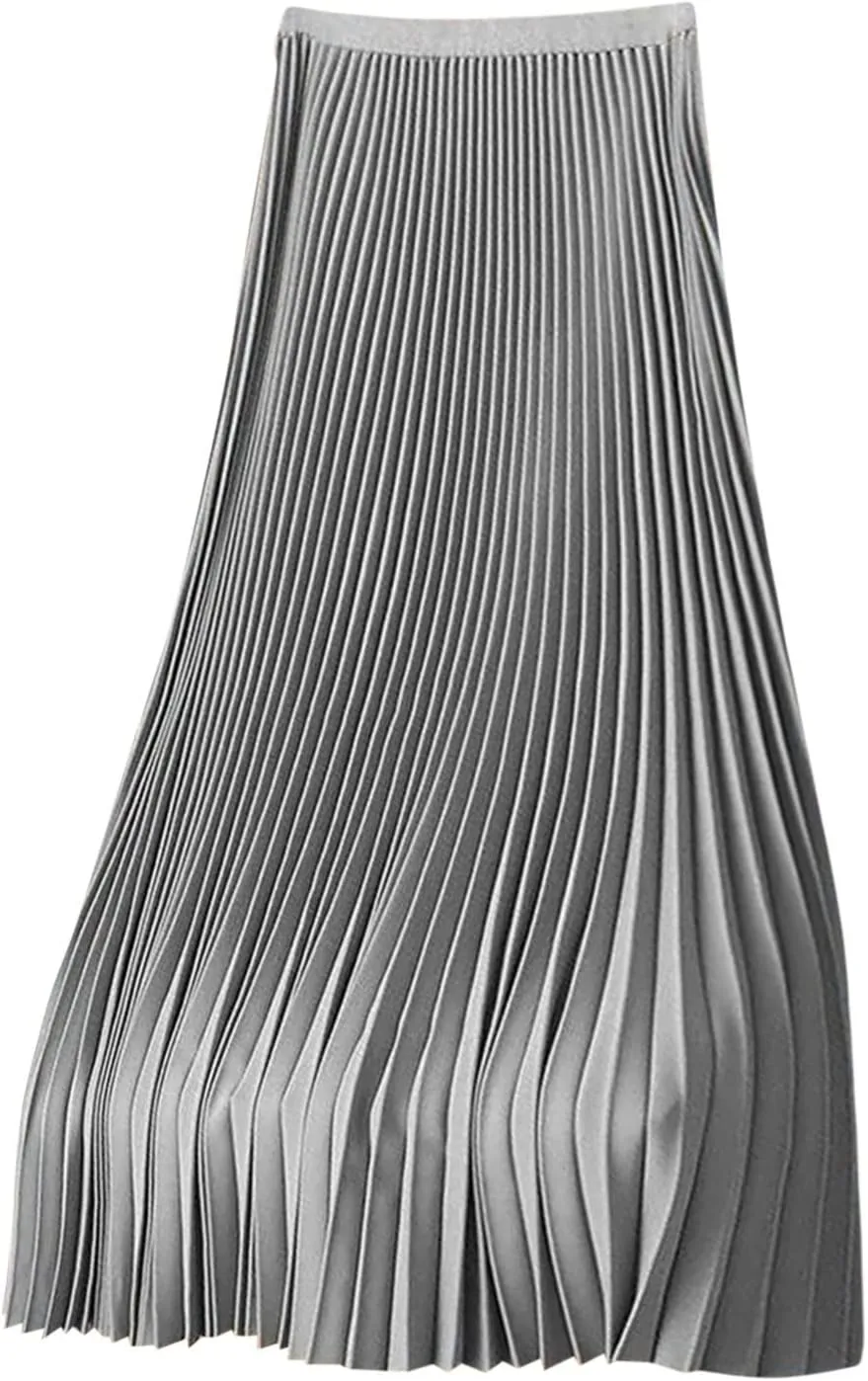 Akklian Pleated Midi Skirts for Women High Waisted A-Line Satin Skirts Chiffon Flare Casual Skirt 2024 Plus Size Midi Dress