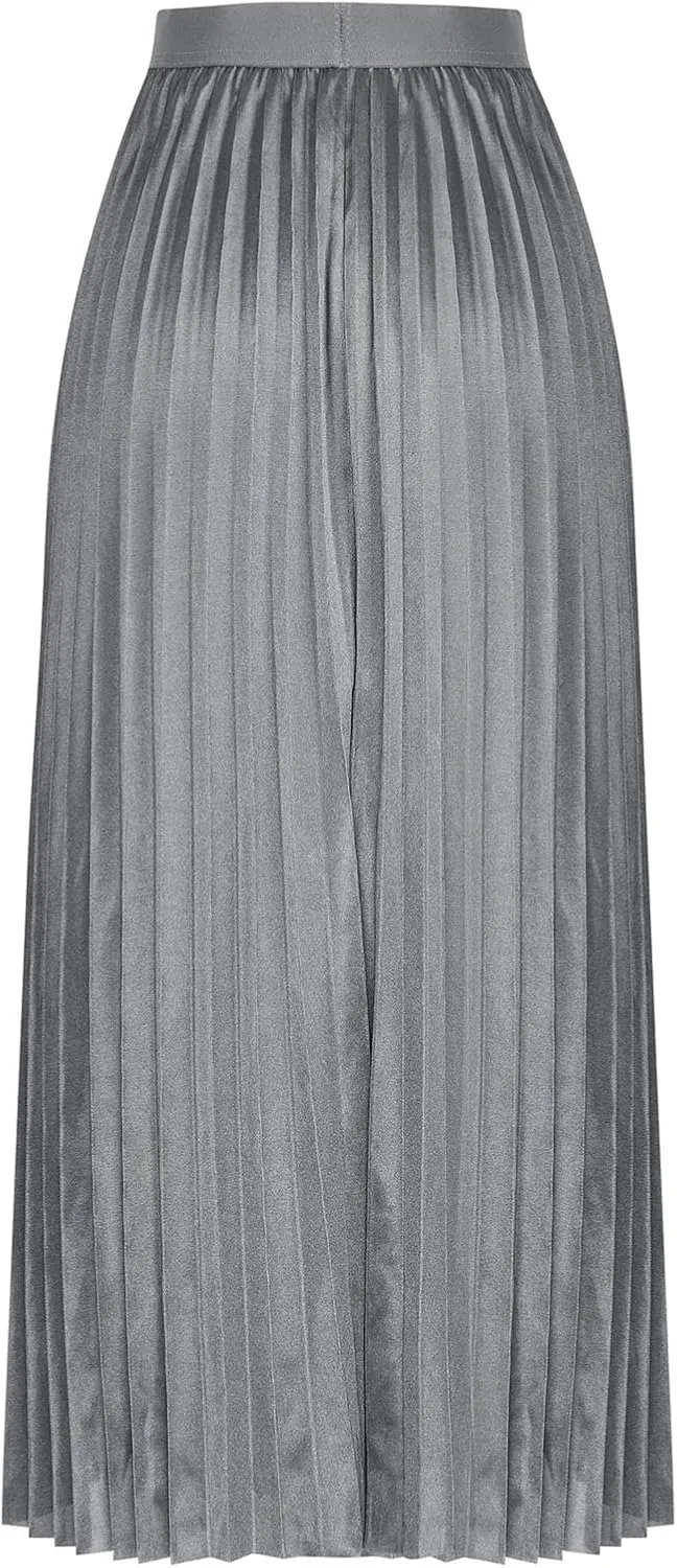 Akklian Pleated Midi Skirts for Women High Waisted A-Line Satin Skirts Chiffon Flare Casual Skirt 2024 Plus Size Midi Dress