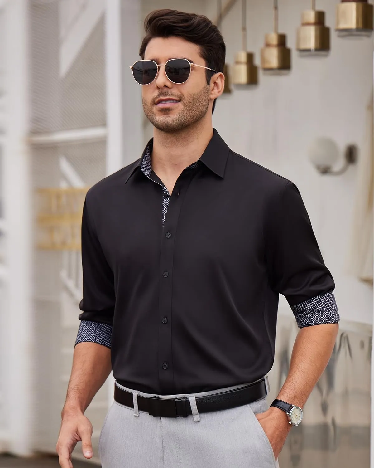 Alimens & Gentle Men's Dress Shirts Long Sleeve Wrinkle-Free Business Casual Button Down Shirt