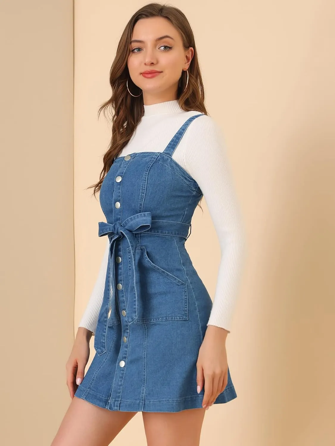 Allegra K Women's Classic Overall Dresses Adjustable Strap Pinafore Denim Jean Dress