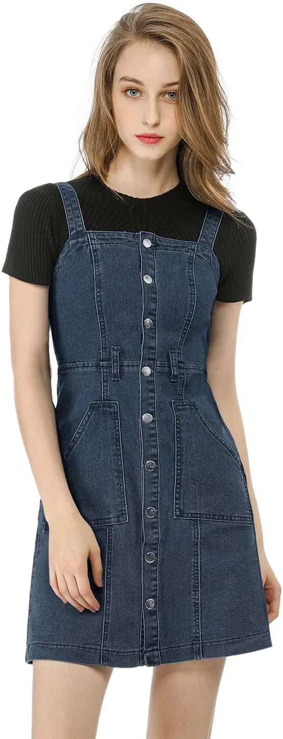 Allegra K Women's Classic Overall Dresses Adjustable Strap Pinafore Denim Jean Dress