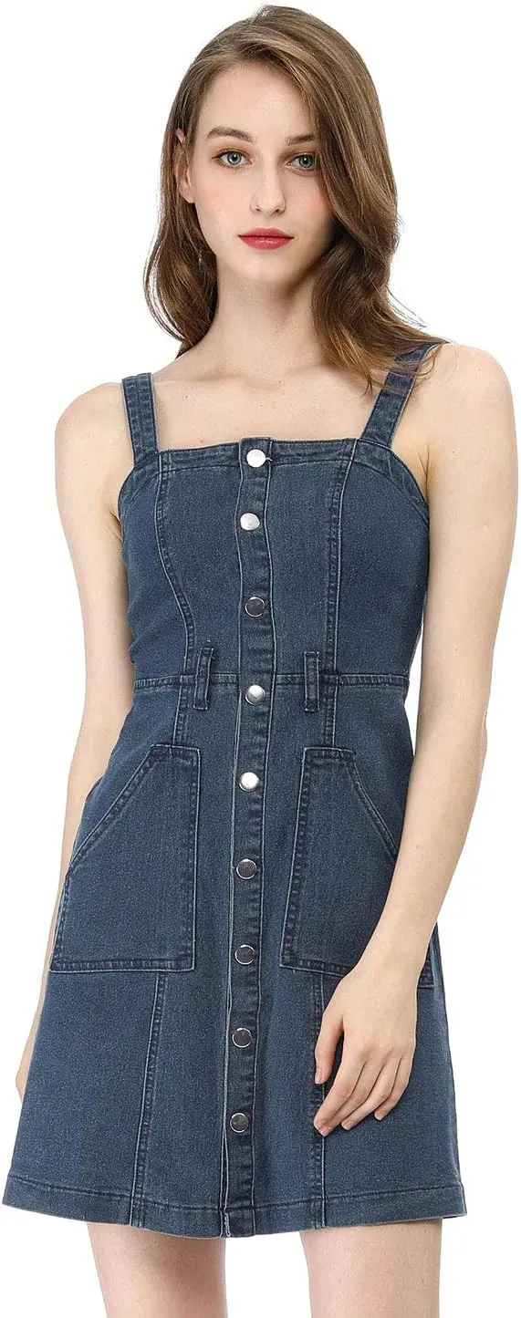 Allegra K Women's Classic Overall Dresses Adjustable Strap Pinafore Denim Jean Dress