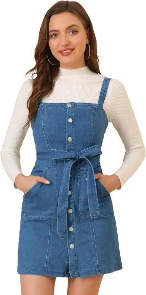 Allegra K Women's Classic Overall Dresses Adjustable Strap Pinafore Denim Jean Dress