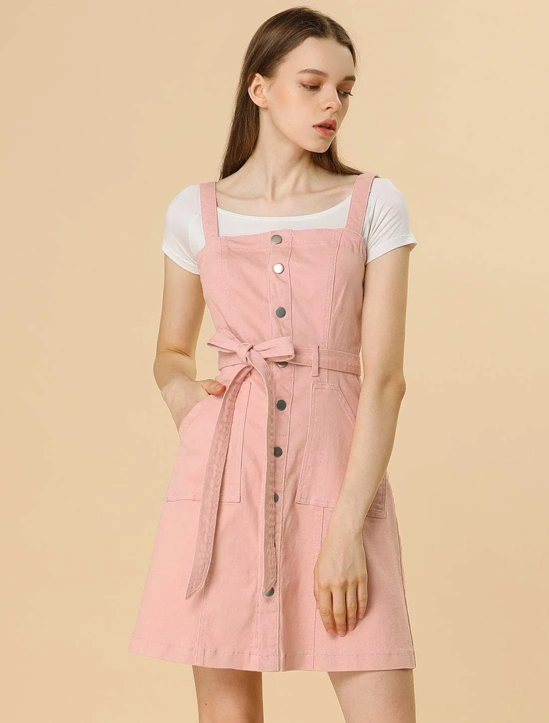 Allegra K Women's Classic Overall Dresses Adjustable Strap Pinafore Denim Jean Dress