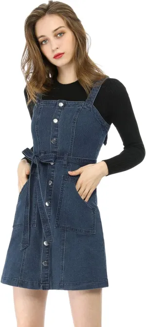 Allegra K Women's Classic Overall Dresses Adjustable Strap Pinafore Denim Jean Dress